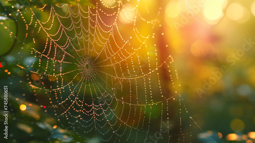 A close-up shot of a spider web covered in dew.