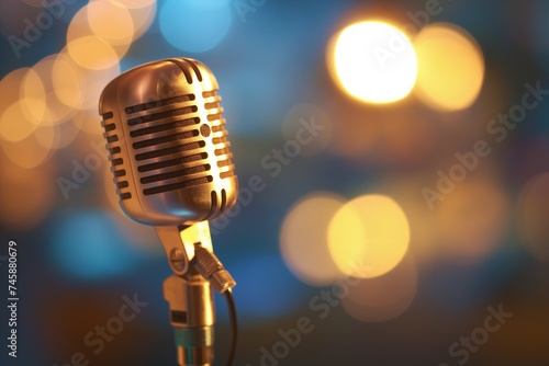 Vintage microphone against a bokeh background. Live performance or recording session
