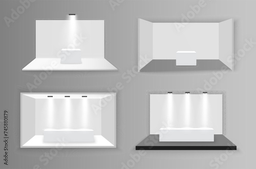 Scene show Podium for presentations. White empty promotional 3D exhibition booth. White empty indoor exhibition stand for presentation with spotlight on the gray background. Vector illustration