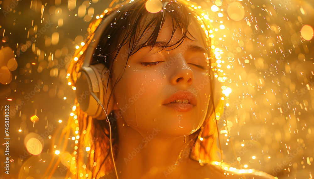 a woman wearing headphones standing under the rain a woman wearing headphones standing under the rain