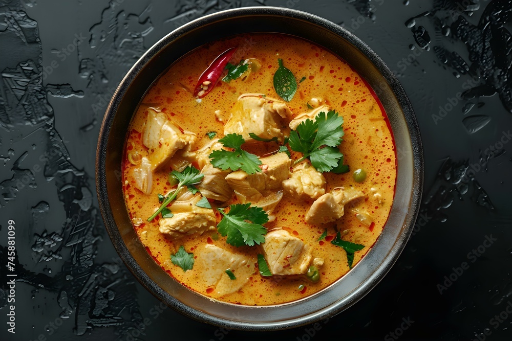 Massaman Curry from Top View: Thai Cuisine against Black Background. Concept Food Photography, Thai Cuisine, Top View, Dark Background, Massaman Curry Massaman Curry from Top View: Thai Cuisine against Black Background. Concept Food Photography, Thai Cuisine, Top View, Dark Background, Massaman Curry