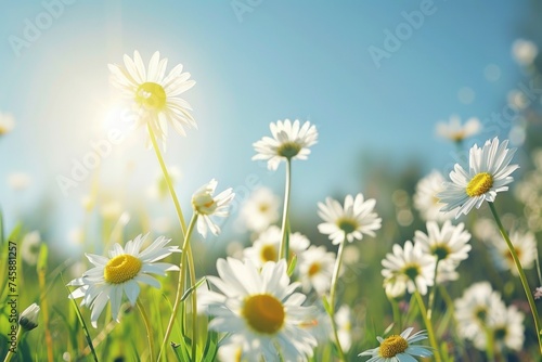 Sunlit daisy field under a clear blue sky capturing the essence of summer with bright white petals contrasted against lush greenery
