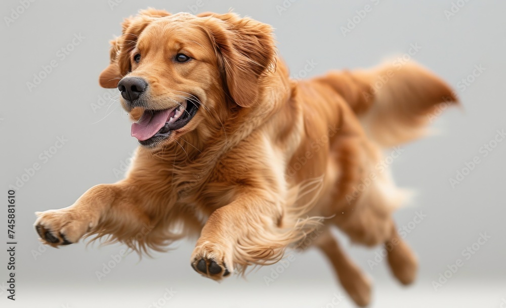 Golden retriever dog running and jumping happily on transparent background 