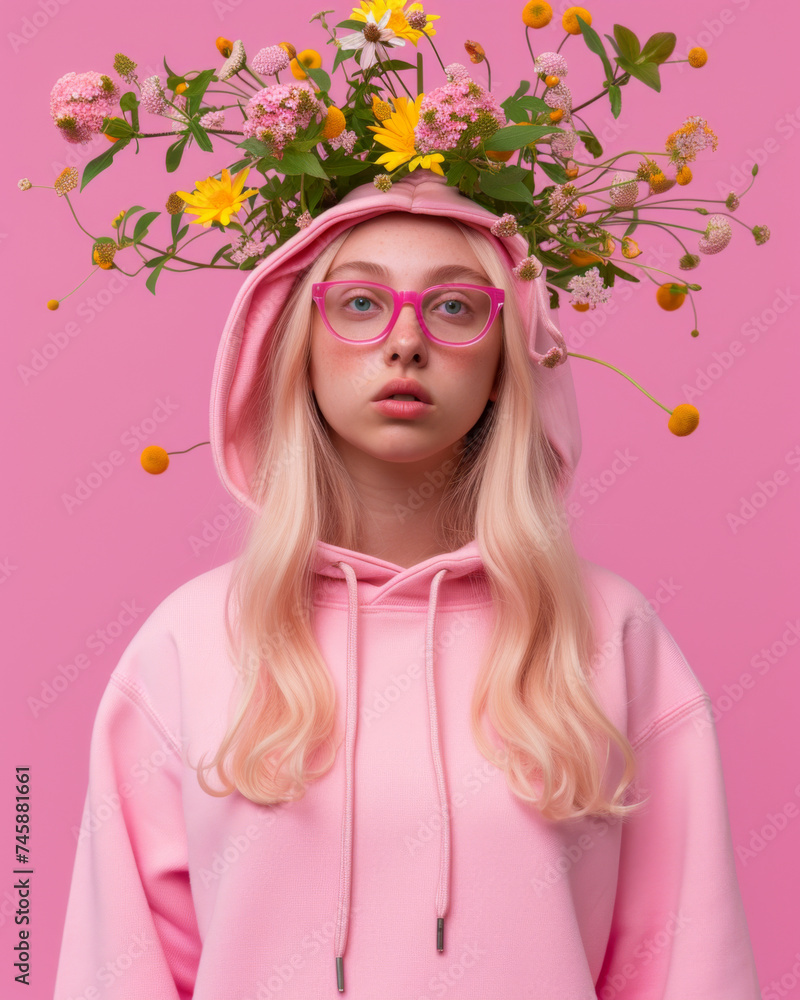 Young person wearing pink hoodie and glasses with colorful flowers in hair against a bright pink background during a creative photoshoot Young person wearing pink hoodie and glasses with colorful flowers in hair against a bright pink background during a creative photoshoot