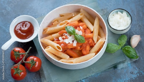 Penne pasta with tomato sauce.
