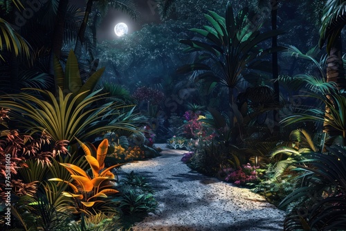 Moonlit botanical garden with an array of exotic plants and illuminated pathways creating a magical and serene nighttime escape