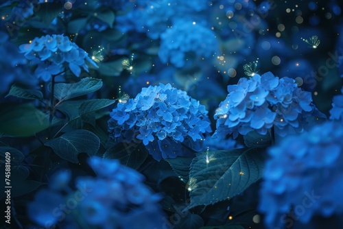 Nighttime in a magical garden with glowing fireflies around hydrangea bushes creating an enchanting atmosphere with shades of blue and soft light
