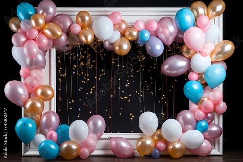 Balloons of all dimensions cluster around an empty birthday frame in crystal-clear resolution  setting the stage for a photographic celebration filled with cheer.