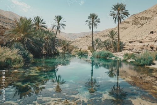  Desert oasis scene with palm trees and a clear reflective water pool contrasting the surrounding arid landscape with a spot of verdant life