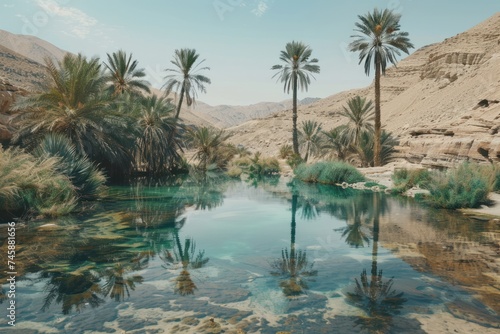 Wallpaper Mural  Desert oasis scene with palm trees and a clear reflective water pool contrasting the surrounding arid landscape with a spot of verdant life Torontodigital.ca