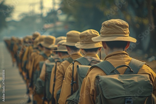 An ordered line of uniformed soldiers marching in sync, representing discipline and collective action, in an outdoor setting photo