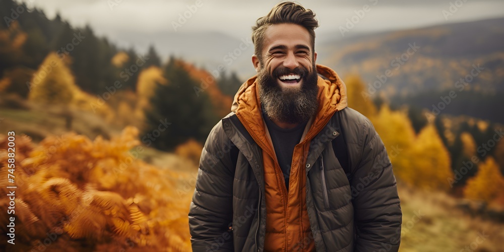 Man laughing joyfully showing off his healthy teeth amidst autumnal scenery. Concept Outdoor Photoshoot, Joyful Portraits, Autumnal Setting