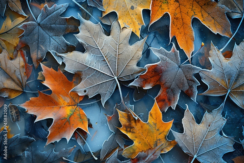 Close up of frost kissed leaves during early autumn showcasing the delicate transition from life to dormancy with intricate ice patterns Close up of frost kissed leaves during early autumn showcasing the delicate transition from life to dormancy with intricate ice patterns