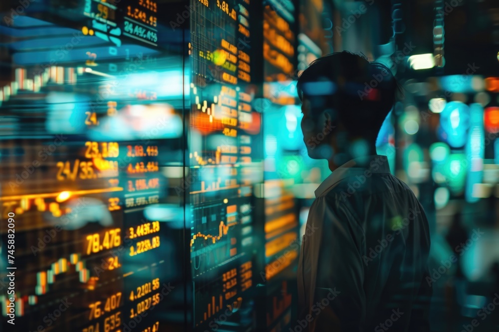 Businessman Analyzing Financial Statistics Displayed on High-Tech Digital Screens at Stock Exchange