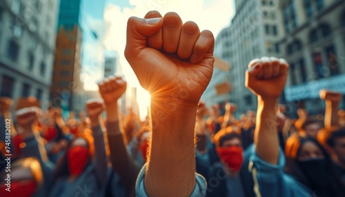 People raise clenched fists in a spirited protest against social injustice during a sunny afternoon in an urban environment photo