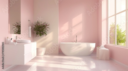 Beauty of simplicity in a women s room interior in pastel colors  clean lines and minimalist decor