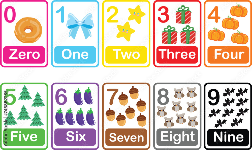numbers cards. Educational children poster for teaching and learn kids to count and calculate vector illustration set