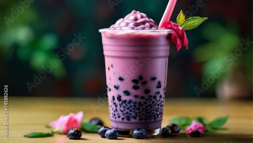 boba milk tea green tea with blueberry and rosemarry. Generative AI.