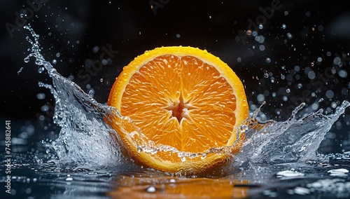 A vibrant  fresh slice of orange makes a splash in water  capturing the dynamic movement and freshness of the fruit