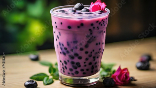 boba milk tea green tea with blueberry and rosemarry. Generative AI.