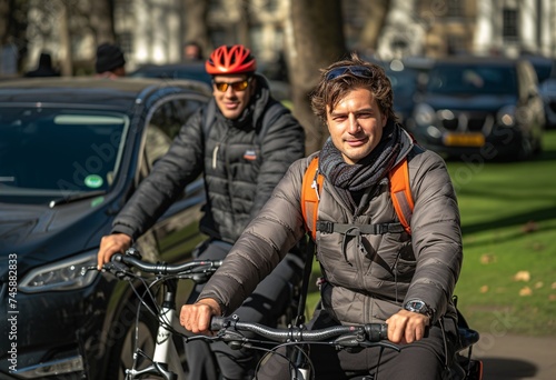 Two male cyclists in outdoor attire are biking on a city street, smiling and looking forward