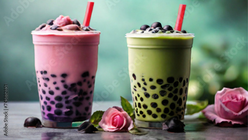 boba milk tea green tea with blueberry and rosemarry. Generative AI.