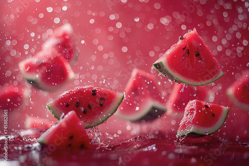 A colorful backdrop has watermelon cut into pieces floating in the air. water droplets splash.