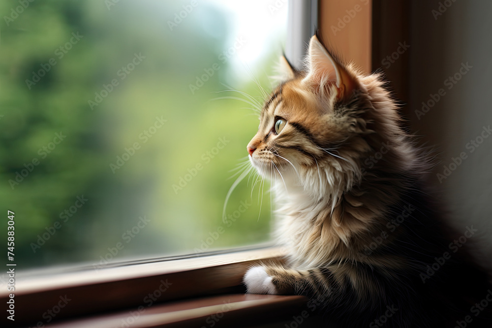 Cute tabby cat sitting on the windowsill