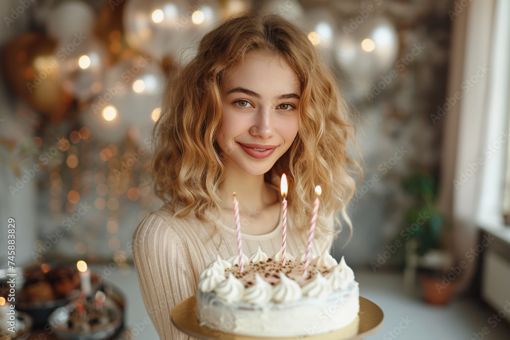 Young beautiful girl with a birthday cake, anniversary celebration, excited, happy, emotional. AI