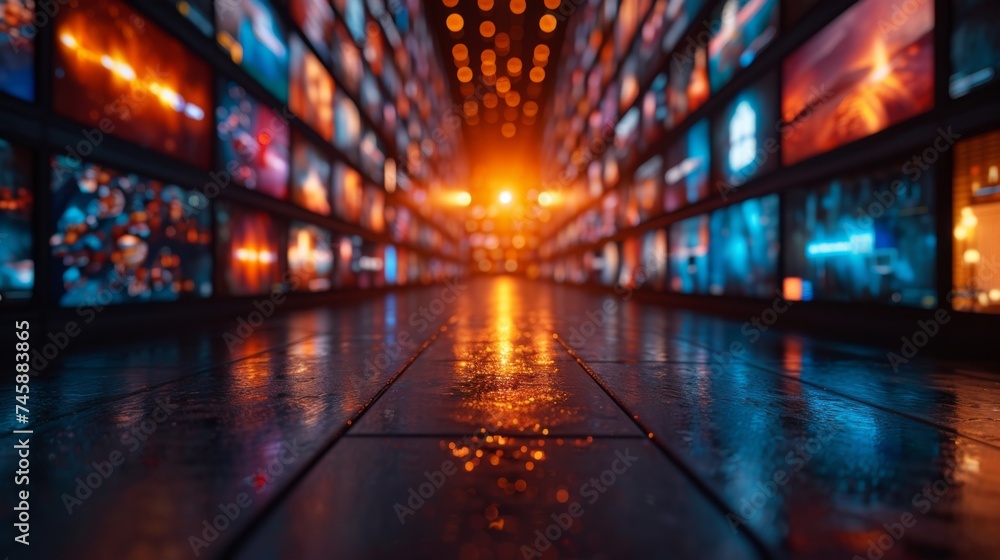 Fototapeta premium Vibrant display of illuminated screens creates a mesmerizing hallway at a modern exhibition in the evening