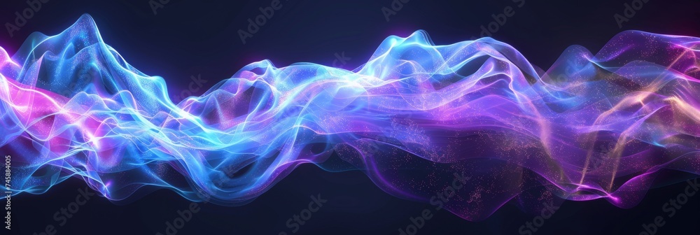 Vibrant neon wave patterns on black backdrop - An abstract image showcasing dynamic waves of neon light, with blue and purple hues on a black background, suggesting motion and flow