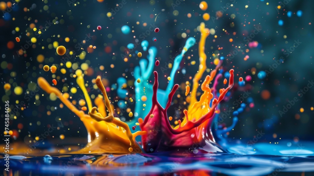 Vibrant paint splash in blue background - A dynamic image capturing an explosion of colorful paint splashes against a deep blue backdrop, conveying movement and energy