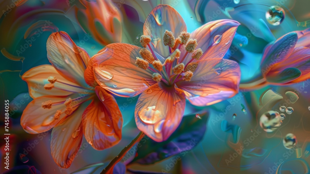Vivid abstract flower artwork with droplets - This digital artwork features abstract flowers with intense orange hues and water droplets, merging realism and fantasy