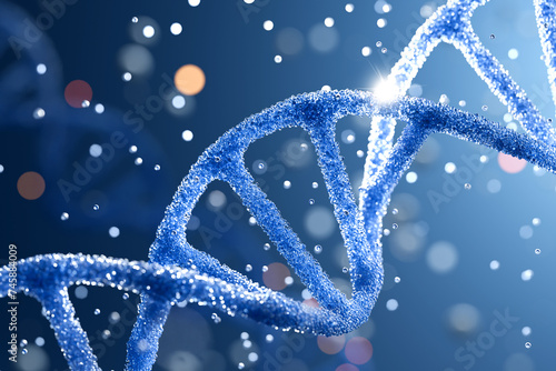 фотографія Spiral of Blue DNA double helix with light bokeh and bubble on beautiful blue background