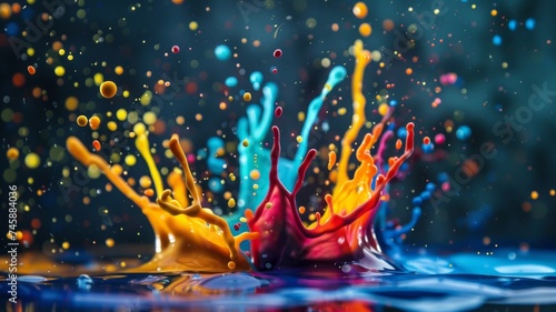 Vibrant paint splash in blue background - A dynamic image capturing an explosion of colorful paint splashes against a deep blue backdrop, conveying movement and energy