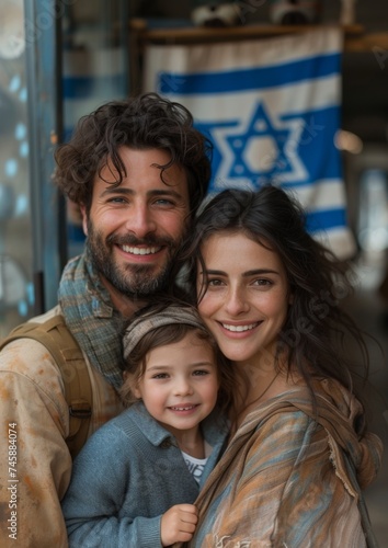 Israeli smiling soldier hugs his wife and child against the background of the Israeli flag 
