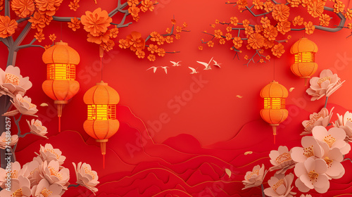 chinese lantern with flowers and red background,