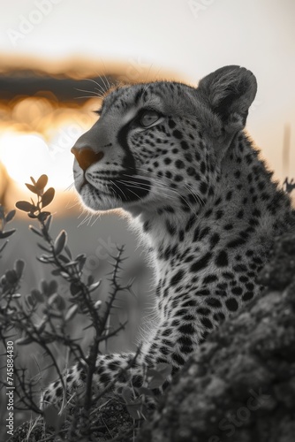 leopard portrait black and grey with african trees and sunlight 