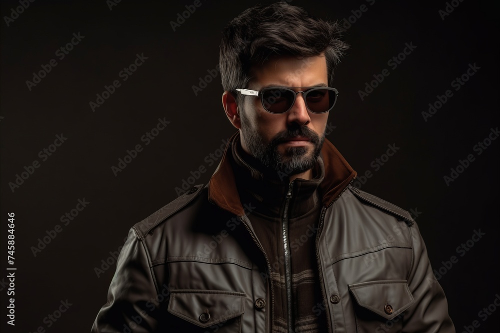 Handsome bearded man in leather jacket and sunglasses on dark background Handsome bearded man in leather jacket and sunglasses on dark background