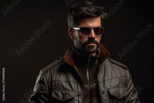 Handsome bearded man in leather jacket and sunglasses on dark background
