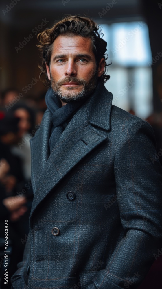 Stylish man in a sophisticated gray overcoat and scarf poses confidently at a fashion event in a bustling urban environment during winter Stylish man in a sophisticated gray overcoat and scarf poses confidently at a fashion event in a bustling urban environment during winter