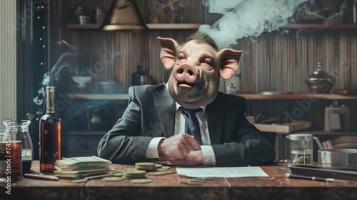 Businessman with pig head smiling and smoking.
