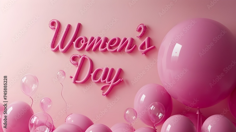 Happy women's day lettering with pink balloons isolated on pink background..