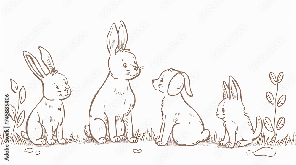 Cute and playful animals such as rabbits, cats, and dogs illustrated in a charming line art composition. Cute and playful animals such as rabbits, cats, and dogs illustrated in a charming line art composition.