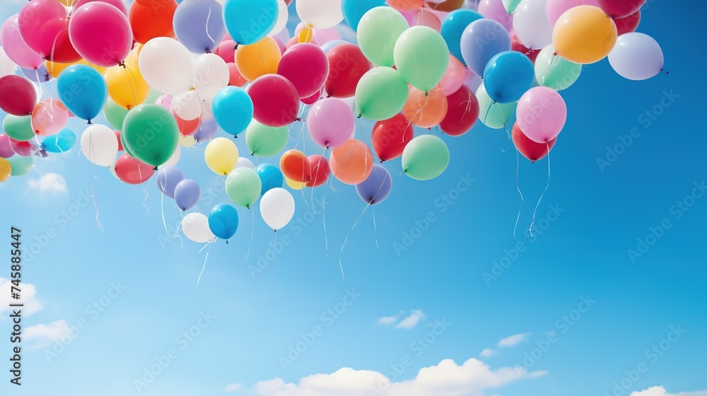 Party decoration, various colorful balloons flying in the blue sky