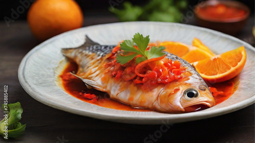 Fish spicy sauce and orange. Generative AI.