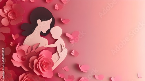 Mother's day paper cut pink art. Mother holding baby empty space for text.