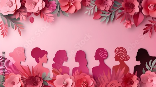 Pink paper cut art of woman's, multi races. women's day concept women's health.