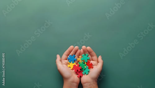 autism awareness day concept. Puzzles in Kids hands isolated on green background. School background.