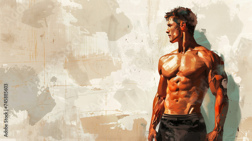 Muscular male physics, body builder background, space for writing messages, greeting card, desktop wallpaper	